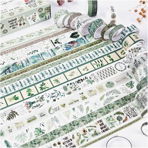 20 Rolls Vintage Botanical Washi Tape Set, Green Plant Writable Decorative Tapes for Bullet Journaling, Washi Stickers for Junk Journal Supplies, Scrapbooking, Collage, DIY Crafts Arts - style: 20 Rolls Green Washi Tape Set