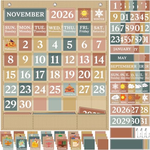 Classroom Calendar Pocket Chart Set – 118 Cards, Bulletin Board & Wall | Boho Classroom Decoration, Homeschool, Teacher, Seasons, Festival, Weather, Boho Classroom Decor, Back to School - color: Khaki