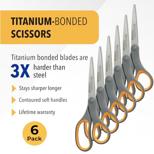 Westcott Titanium Bonded Scissors, Soft Handle, 8", Straight, Gray/Yellow, 6-Pack - size: 6-Pack