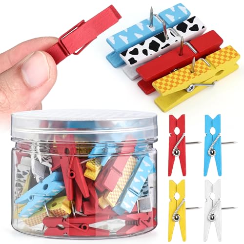 LemonRoad 60 Pcs Push Pin with Wooden Clips Teacher Cork Board Artworks Decorative Push Pins Tacks for Classroom Photo Bulletin Board Clips (Cartoon Story) - style: Cartoon Story