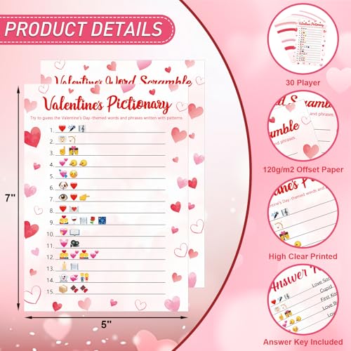 COCHIE 30 Players Valentine's Party Games for Adults Family Office Large Groups, Valentines Parties Words Pictionary Game, Phrases Riddle Game, Word Scramble Games with Answer Key - style: Valentine's Day
