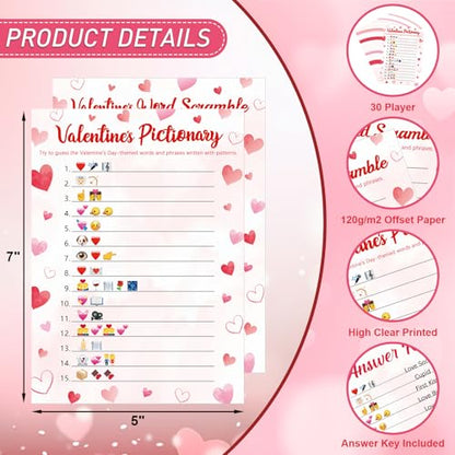 COCHIE 30 Players Valentine's Party Games for Adults Family Office Large Groups, Valentines Parties Words Pictionary Game, Phrases Riddle Game, Word Scramble Games with Answer Key - style: Valentine's Day