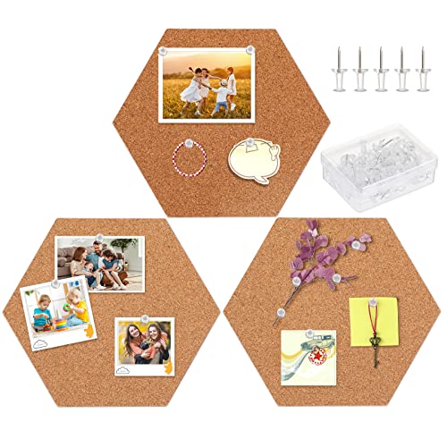 FEBSNOW 3 Pack Self-Adhesive Cork Board Tiles Hexagonal Cork Board Mini Wall Bulletin Board with 50 Multi-Color Push Pins | Natural Cork Wood, Office Home School Wall Decor, Displaying Photos Memos Notes, 3 Pack Hexagon Tiles With 50 Push Pins