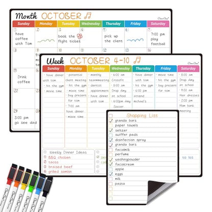 Magnetic Dry Erase Monthly Calendar Set - 14.5"x11" Monthly and Weekly Calendar, 6.5"x8.5" List Board for Fridge - 6 Extra Fine Point Markers Included - Shipped Flat - style: Month+Week+List