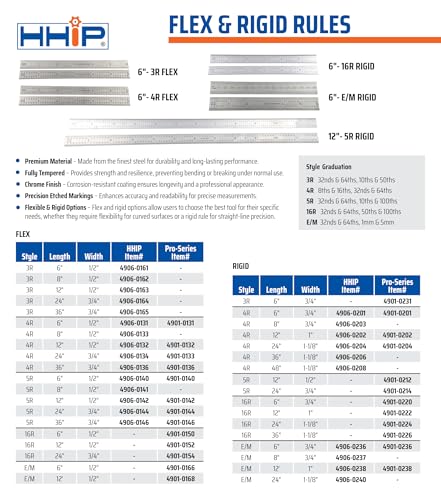 HHIP 4906-0162 3R Flex Rule, Graduations 1/32, 1/64, 10ths & 50ths, 8" Length X 1/2" Width - size: 8" 3R, style: HHIP - Flex