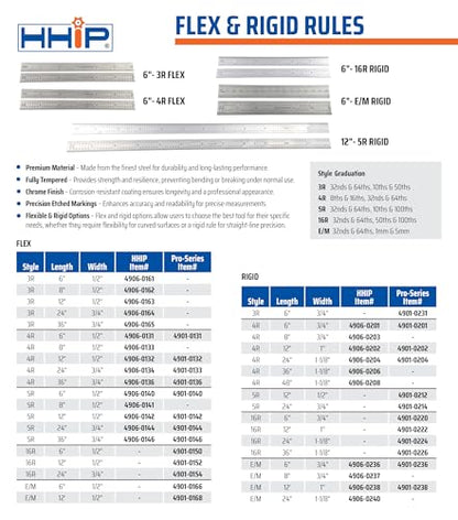 HHIP 4906-0162 3R Flex Rule, Graduations 1/32, 1/64, 10ths & 50ths, 8" Length X 1/2" Width - size: 8" 3R, style: HHIP - Flex