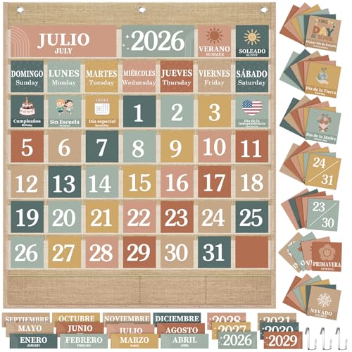 Sinload Classroom Calendar Pocket Chart Set Calendar Bulletin Board Set Seasons Festival Weather Pocket Chart for Classroom Decoration Back to School Supplies(Modern Boho Spanish,Linen Color) - color: Linen Color, style: Modern Boho Spanish