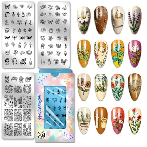 PH PandaHall 3pcs Insects Plants Nail Stamping Plates Bees Butterflys Nails Art Stencils Flower Leaf Nail Printing Stencils Mushrooms Nail Stamper Plate for Women Manicures Salon Design Supplies - style: Insects Plants