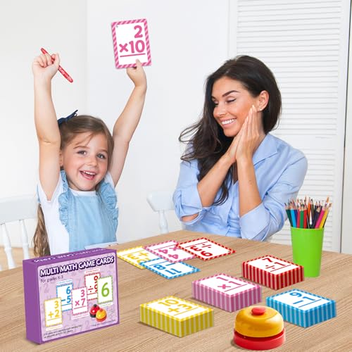 Math Flash Cards Set of 5 Addition Subtraction Division Multiplication Make 10 Games 276 Math Learning Double-Sided Flashcards with 5 Rings 2 Quick Answer Bells for Kids Kindergarten 1st 2nd 3rd Grade