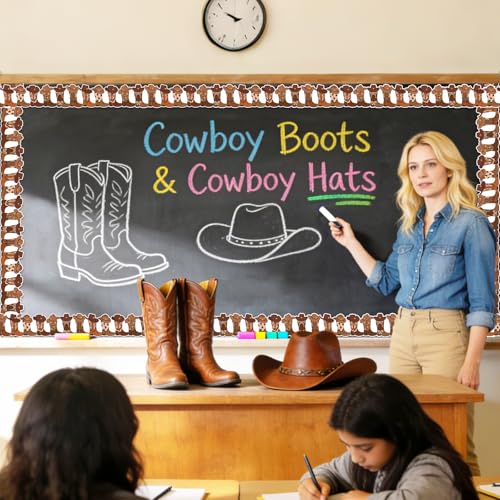 FYSUIMU 32.8ft Cowboy Boot Bulletin Board Borders Brown Hat Boots Die-Cut Border Trim for Western Wild West Rodeo Party Chalkboard Decoration