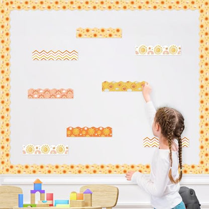 BeYumi 96Pcs Boho Sun Themed Bulletin Board Borders Boho Hippie Sunshine Scalloped Border Trim Decoration Set Rainbow Sun Holiday Back to School Classroom Office Party Chalkboard Blackboard Decor - style: Boho Sun