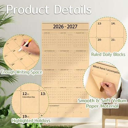 GuassLee Large Yearly Wall Calendar 2026-2027, Full Year Calendar One Page, Jun 2026- May -2027, Annual Wall Calendar 2027, 24"X 48" 12-Month Calendar Wall with Stickers - color: Jun Brown