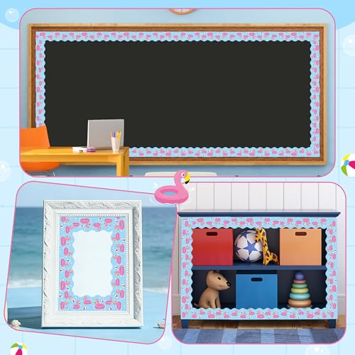 BeYumi Summer Flamingo Border Trim - 65ft Back to School Pool Rolled Border | Tropical Flamingo Beach Swimming Pool Bulletin Board Set School Classroom Office Chalkboard Home Party Holiday Decoration - style: Summer Flamingos