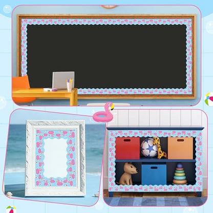BeYumi Summer Flamingo Border Trim - 65ft Back to School Pool Rolled Border | Tropical Flamingo Beach Swimming Pool Bulletin Board Set School Classroom Office Chalkboard Home Party Holiday Decoration - style: Summer Flamingos