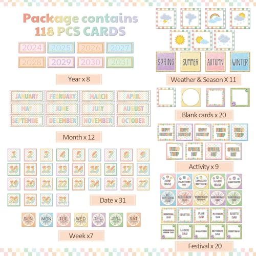119 Pcs Classroom Calendar Pocket Chart Black Monthly Bulletin Board Set Seasons Festival Weather Farmhouse Calendar Set for Classroom Decoration Back to School Supplies(Pastel Checkerboard) - style: Pastel Checkerboard