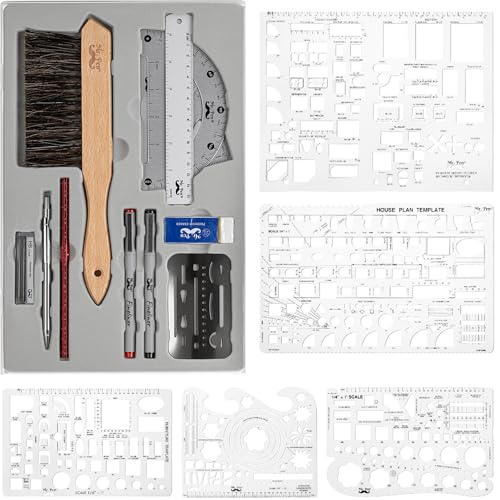 Mr. Pen- Professional Drafting Tools & Geometry Set with Case, 17 pcs | Mechanical Pencil, Fineliners, Scale Metal Ruler, Drawing Templates for Interior Design House Plan, Architect Protractor Set - color: Clear, size: 17 pcs