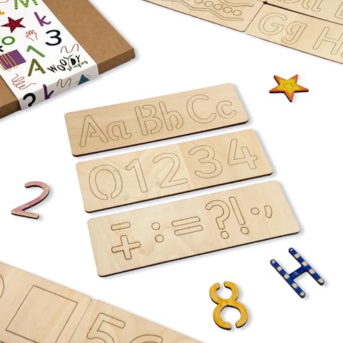 NAKLEO Wooden Drawing Stencils for Kids, Set of 15 Pcs 7.5x2.5” Alphabet and Numbers, Montessori Children Templates Educational Toy Creative DIY Decoration Arts and Crafts Painting Paper Wood Fabric - color: Alphabet & Numbers