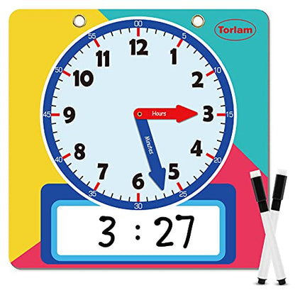 Magnetic Writable Dry Erase Learning Clock | Clock for Kids Learning to Tell Time | Large 12" Demonstration Teaching Time Practice Clock with Dry Erase Writing Surface | Pen Included | (Rainbow) - color: Rainbow