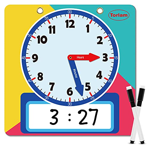 Magnetic Writable Dry Erase Learning Clock | Clock for Kids Learning to Tell Time | Large 12" Demonstration Teaching Time Practice Clock with Dry Erase Writing Surface | Pen Included | (Rainbow) - color: Rainbow