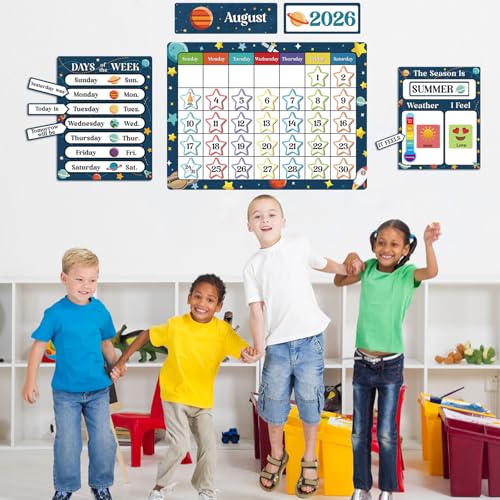 122pcs Outer Space Classroom Calendar Bulletin Board Decorations with Seasons Weather Festivals School Year Calendar for Back to School Elementary Classroom Must Haves