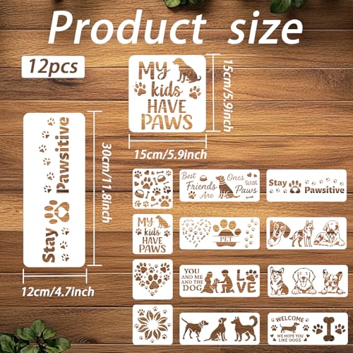 ORIGACH Large Dog Stencils for Crafts, 12 Pcs Reusable Love Pet Themed Dog Paw Pattern Stencils Templates for Painting on Wood, Wall, Canvas & Furniture - style: Dog