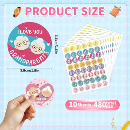 480Pcs Happy Grandparents Day Stickers, Best Grandma and Grandpa Ever Party Favors Round Sticker Gifts Bags Sealing Labels for Grandparent Day Birthday Party Supplies Gifts Box Decor - style: Grandparents
