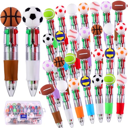 Vellibring 30pcs Mini Multicolor Pens in One 4-in-1 Cute Bulk Pens,Sport Soccer Rugby Basketball Retractable Pens Set for Sport Fans Valentines Party Favors Supplies Rewards Holiday Gifts - style: Sport Balls-30pcs