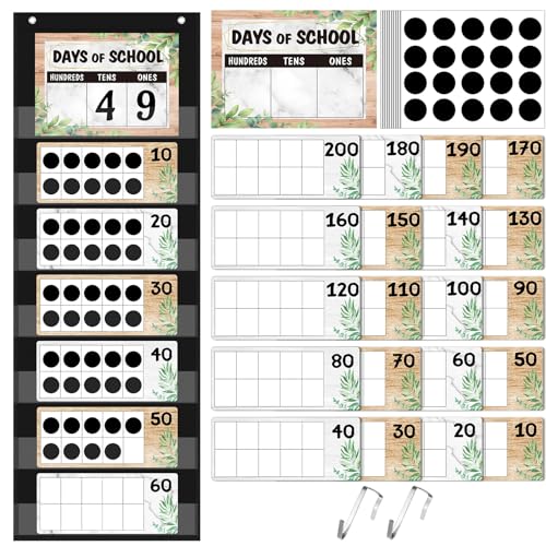 Funrous Days of School Pocket Chart Number of The Day Countdown Posters Back to School Eucalyptus Countdown Bulletin Board Decor Hundreds Tens Ones Place Value Chart Cards for Classroom Home - style: Retro Eucalyptus