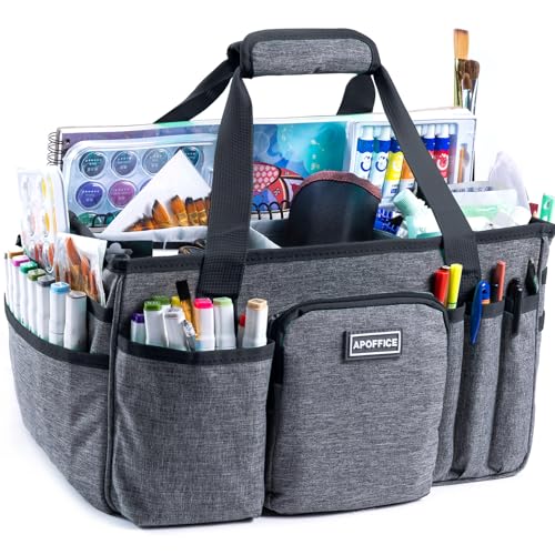 APOFFICE Art Supply Organizer Tote Bag – Craft Caddy with Handle, Utility Storage Tote with Multiple Pockets & Adjustable Divider for Stationary, Sewing, Scrapbooking, School, Office, Medical Supplies - color: Grey-Black, size: Large-14.5"