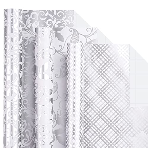 LeZakaa Silver Wrapping Paper Roll, Elegant Metallic Foil Gift Wrap with Floral and Plaid Pattern for Wedding, Anniversary, Birthday, Mothers Day, Bridal Shower, Christmas, 17 x 120 inches, Mini Roll - color: Classic-silver