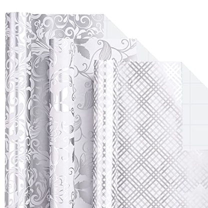 LeZakaa Silver Wrapping Paper Roll, Elegant Metallic Foil Gift Wrap with Floral and Plaid Pattern for Wedding, Anniversary, Birthday, Mothers Day, Bridal Shower, Christmas, 17 x 120 inches, Mini Roll - color: Classic-silver