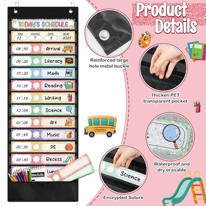 Pasimy Daily Schedule Pocket Chart with 31 Reusable Cards and 14 Pockets Composition Schedule Charts Classroom Decorations for School Office Home Educational Activity - style: Composition