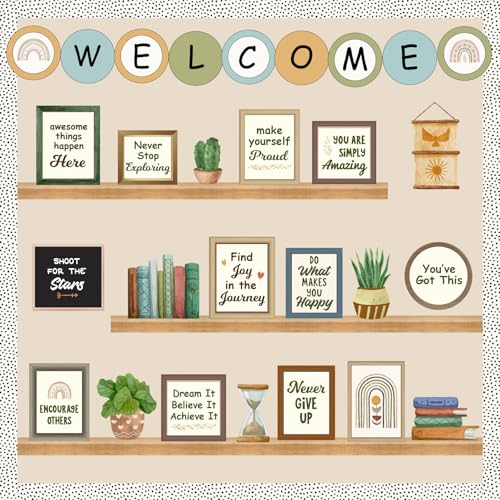 Welcome Back to School Bulletin Board Decorations, Boho Classroom Decor, Greenery Plant Bookshelf Inspirational Affirmation Cutouts for Teacher Welcome School Supplies Classroom Door Wall Decor - color: Boho