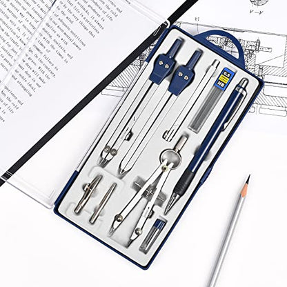 Unjoo 9Pcs Precision Geometry Set Metal Compass, Geometry Tool Tool Set with Shatterproof Storage Box, Circle Drafting Tool and Architecture, Drafting Kits for Engineers Students(Blue) - color: Blue