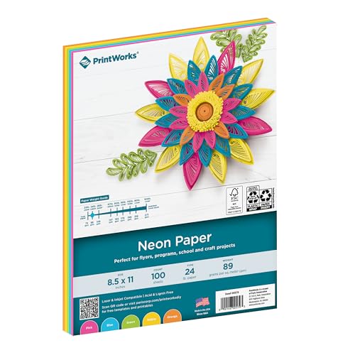 Printworks Neon Colored Paper, 24 lb, 5 Assorted Florescent Colors, FSC Certified, 100 Sheets, 8.5 x 11 Inch (00579), Single - color: Neon, size: Single, style: Paper