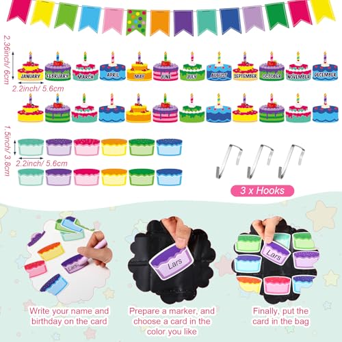 Pasimy Happy Birthday Pocket Chart Classroom Reusable Birthday Calendar Wall Hanging Chart with 144 Dry Erase Cards and 3 Hooks for School Classroom Bulletin Board Decor