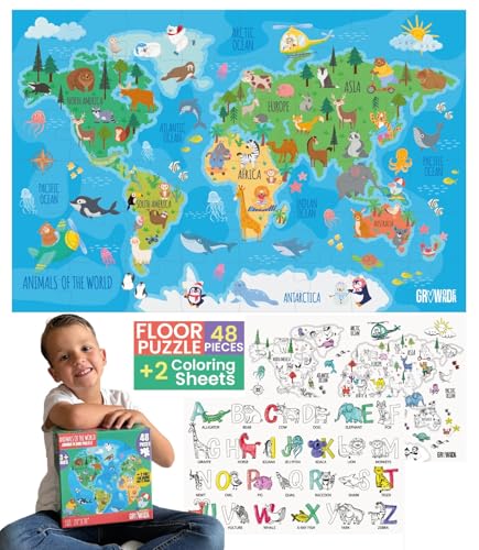 Floor Puzzles for Kids Ages 3-5 4-6 Educational 48 Piece Animals of The World with 2 Giant Coloring Posters Preschool Learning Toy Geography Continents Oceans Fun Gift Screen Free Family Playtime - style: ANIMALS OF THE WORLD