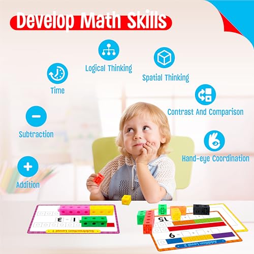 Math Linking Cubes, 100 Math Cube Manipulatives with 30 Learning Activities plus 192 Reusable Stickers, Number Counting Blocks Snap Linking Math Counters, Fun & Educational Pre-K Counting Blocks - style: counting & sticking activity