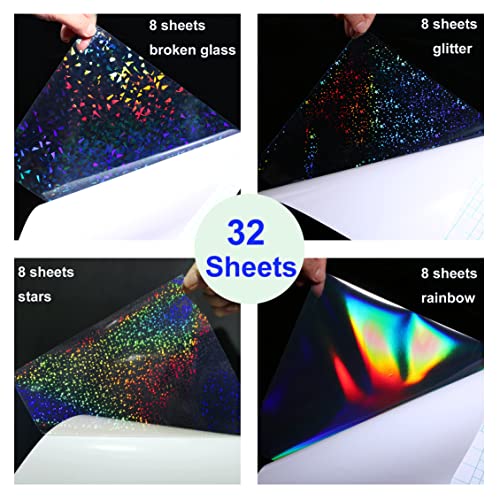 32 Sheets Holographic Sticker Paper Clear Vinyl Self Adhesive Waterproof Rainbow Transparent Overlay Film A4 Size Holographic Overlay with 4 Styles Mixed - style: Stars,rainbow,sparkle,broken Glass