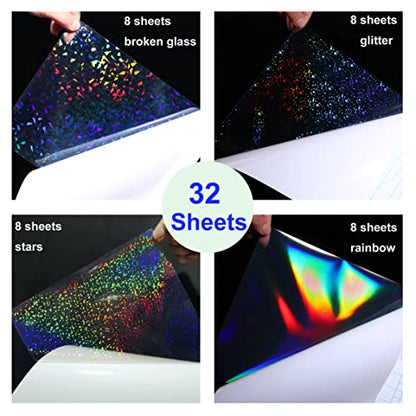 32 Sheets Holographic Sticker Paper Clear Vinyl Self Adhesive Waterproof Rainbow Transparent Overlay Film A4 Size Holographic Overlay with 4 Styles Mixed - style: Stars,rainbow,sparkle,broken Glass