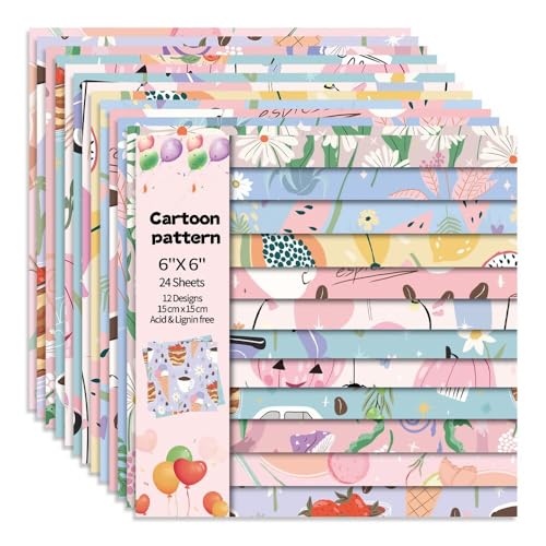 6x6" 160gsm Cardstock Single Sided Scrapbooking 24 Papers Pad Vintage Decoupage Scrapbook Kit Patterned Paper Junk Journal Supplies Journaling Supply Scrap Paper Crafting. Cartoon - color: 24sheets-cartoon