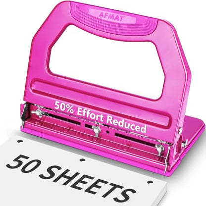 AFMAT 3 Hole Punch Heavy Duty, 9/32" Holes, 50-Sheet Hole Puncher 3 Ring, 50% Reduced Effort, Adjustable Two & Three Hole Punch, Metal Paper Puncher w/Large Chip Tray, Metal Paper Guide, HP18 - color: Purple