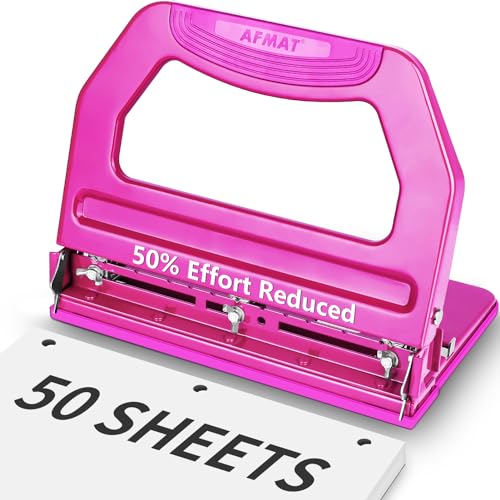 AFMAT 3 Hole Punch Heavy Duty, 9/32" Holes, 50-Sheet Hole Puncher 3 Ring, 50% Reduced Effort, Adjustable Two & Three Hole Punch, Metal Paper Puncher w/Large Chip Tray, Metal Paper Guide, HP18 - color: Purple