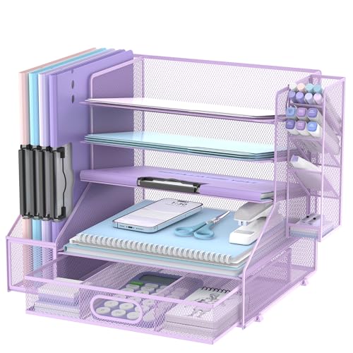 DALTACK Mesh Desk Organizer, 5-Tier Paper Letter Tray with File Holder & Pen Holder & Sliding Drawer, Desktop Organizer and Storage for Desk Accessories Office Supplies, Purple - color: Purple
