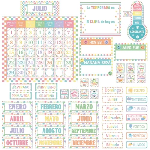 AmazingSpark 85 Pcs Spanish Pastel Classroom Calendar Bulletin Board Set for Teachers Seasons Weather Days of the Week Chart Bulletin Board Calendar Set for Back to School Classroom Decoration