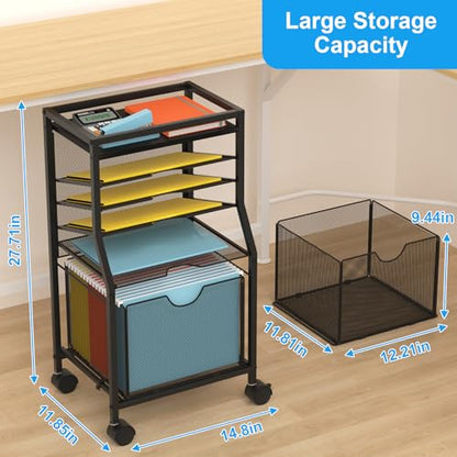 BOHDK Rolling File Cart, 6-Tier Desk File Organizer on Lockable Wheels, Black Wood Planks & Mesh Sliding Hanging Folder Drawer, Organization Cart for Office Home School - color: Black