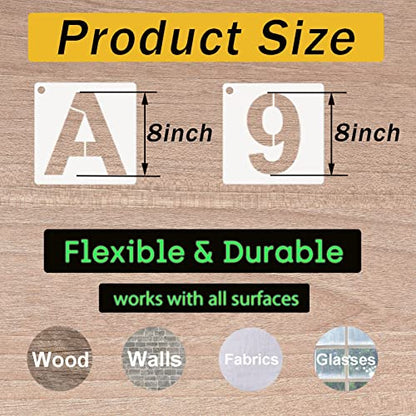 Alphabet Letter Stencils 8 Inch, 36 Pcs Reusable Plastic Letter Numbers Templates, Art Craft Stencil for Painting on Wood, Wall, Glass, Fabric, Rock, Signage - size: 8 Inch