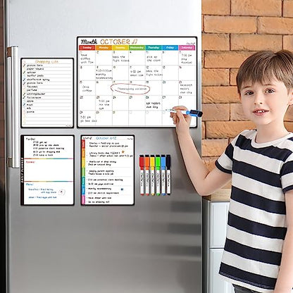 Magnetic Dry Erase Monthly Calendar Set - 14.5"x11" Monthly Calendar, 6.5"x8.5" Weekly, Daily, List Boards for Fridge - 6 Extra Fine Point Markers Included - Shipped Flat - style: Month+Week+Daily+List