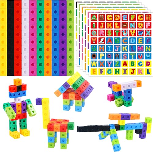 100 Math Linking Cubes, Math Cubes with 384 Reusable Stickers-Letters, Numbers, Shapes, Manipulative Geometric Connecting and Counting Blocks, Educational Toy for Kids Math Learning and Fun Activities - style: 100-Cubes+ 384 Letters Stickers