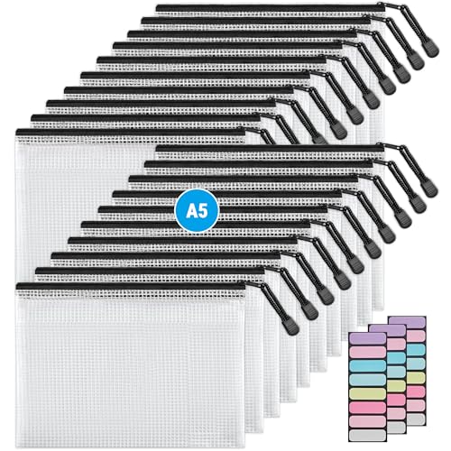 JARLINK 20 Pack Zipper Mesh Document Pouch, 6x9 Inch/A5, Plastic Water-Resistant File Bags, for School Office Supplies, Cosmetics Travel Storage, Assorted Color - size: A5-Black